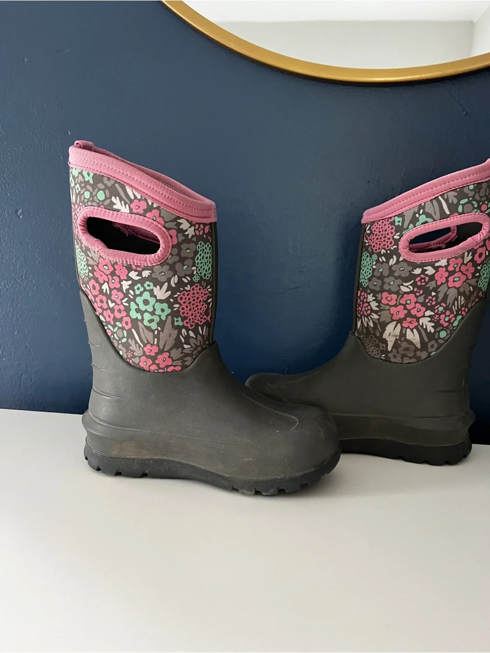 Bogs Kids Floral Waterproof Boots - Gray with Pink & Mint Accents
